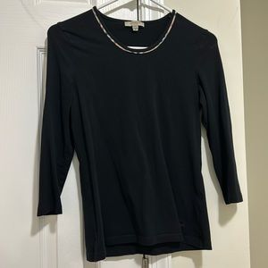 Burberry Tee Quarter Sleeve Black Top Haymarket Check Trim Size Medium